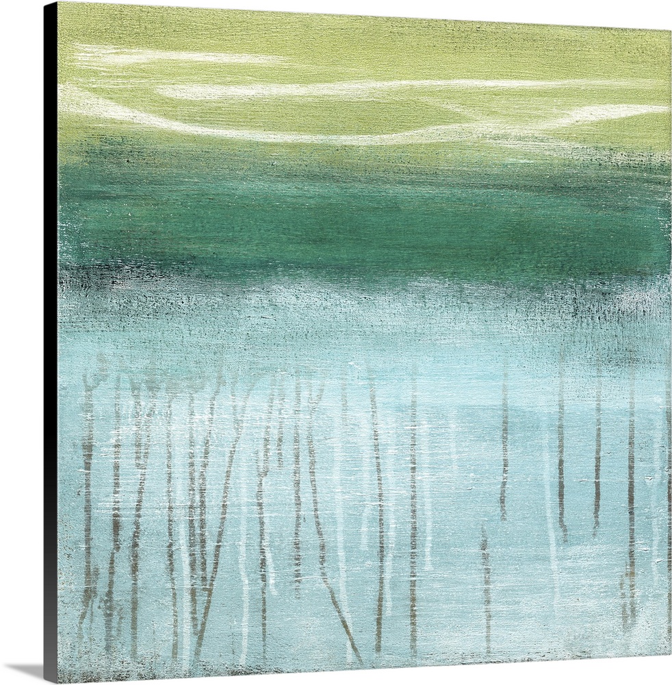 A modern abstract landscape of a beach scene in bold brush strokes of green and blue with drips of gray below.