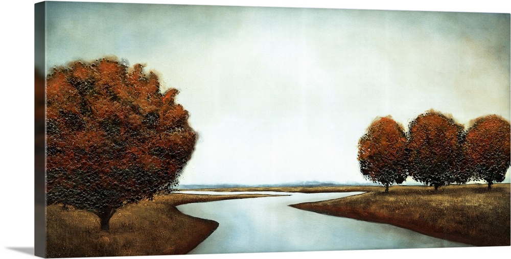 Horizontal contemporary painting of a river winding through a group of trees in muted colors.