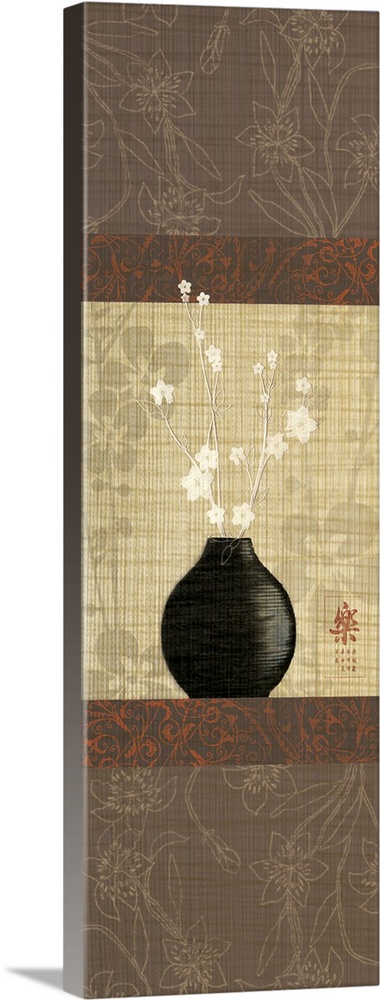 A black vase with white flowers along a floral patterned background with a weaved textured overlay.