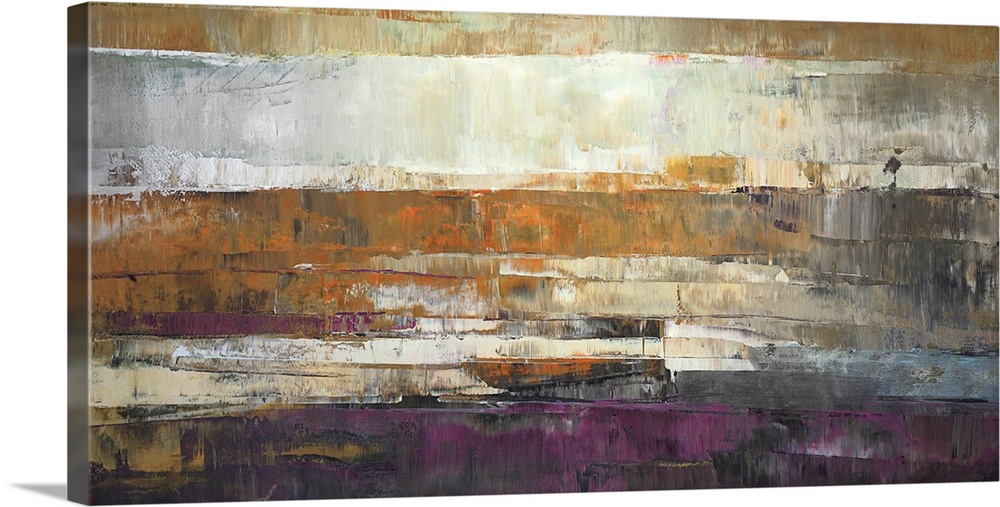 A horizontal painting of multiple muted colors in the appearance of textured wood planks.