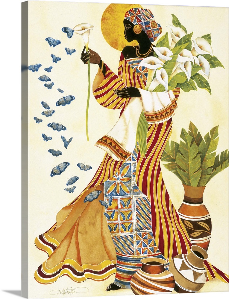 An African woman in a beautiful patterned robes holding white lilies and looking at butterflies.