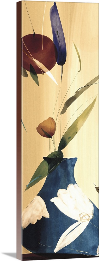 A long vertical painting in a modern design of flowers in a blue vase.