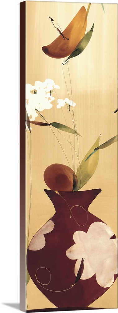 A long vertical painting in a modern design of flowers in a red vase.