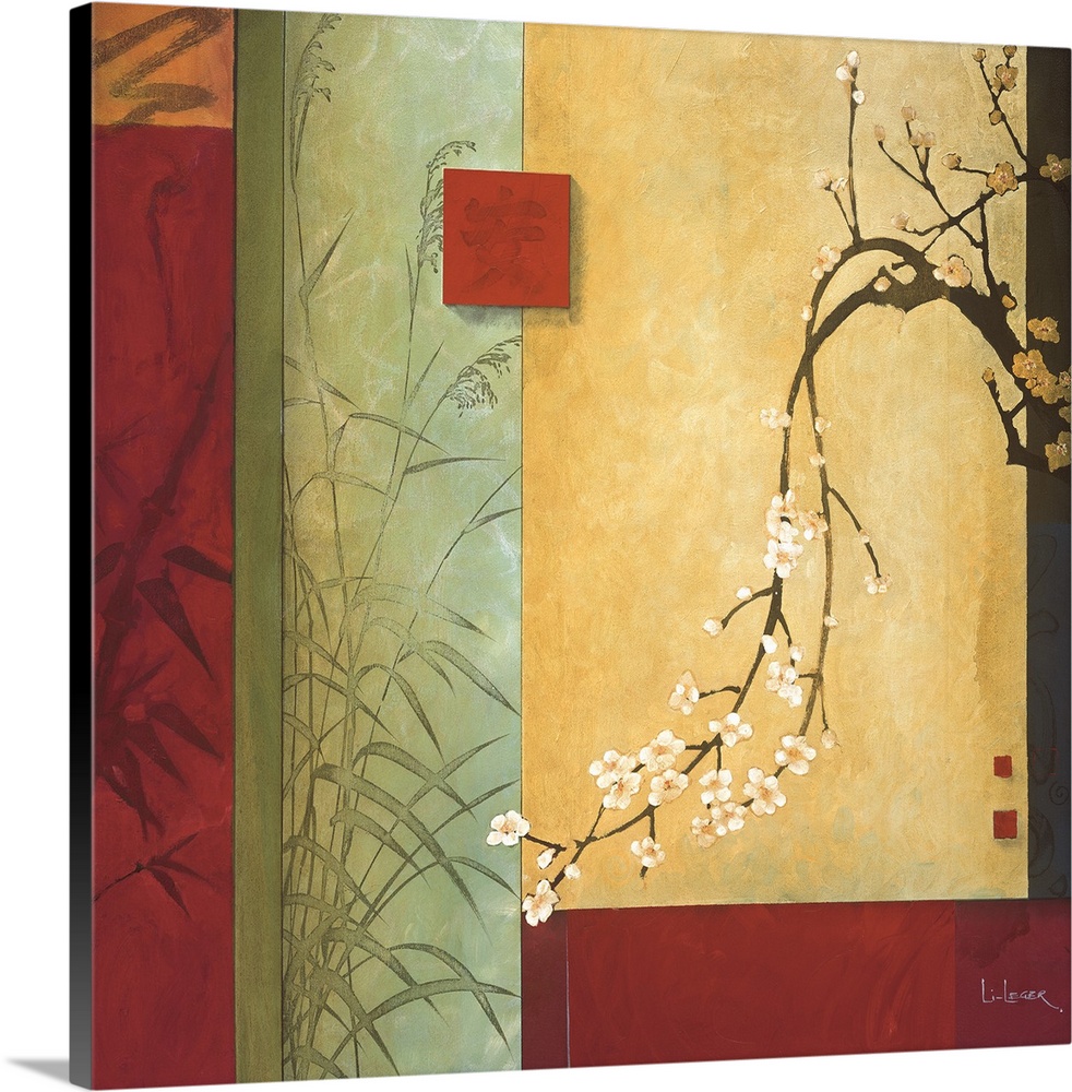 A contemporary Asian theme painting with cherry blossoms and a square grid design.