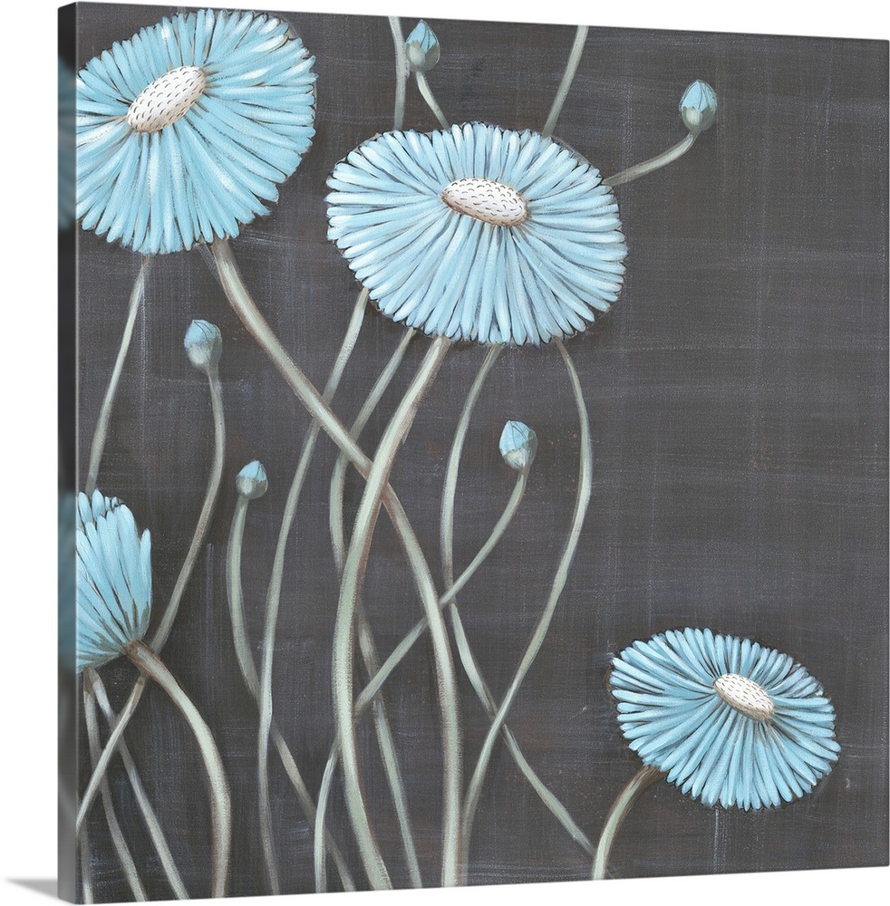Square contemporary painting of light blue flowers with long stems against a gray backdrop.
