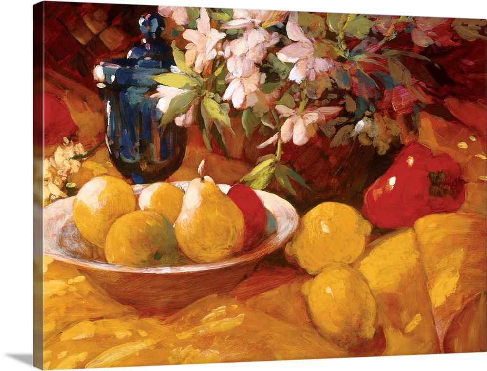 A contemporary still life of a vase of flowers with a bowl of lemons and pears on a table.