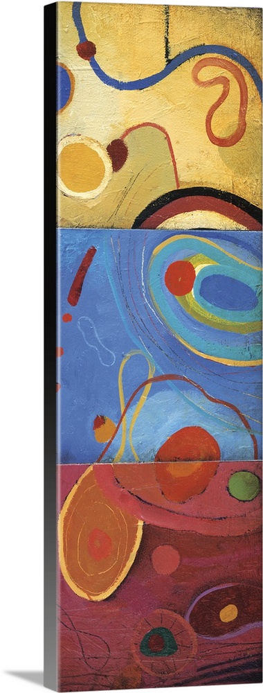 Vibrant abstract painting in curved and circular shapes in colors of red, blue and yellow.