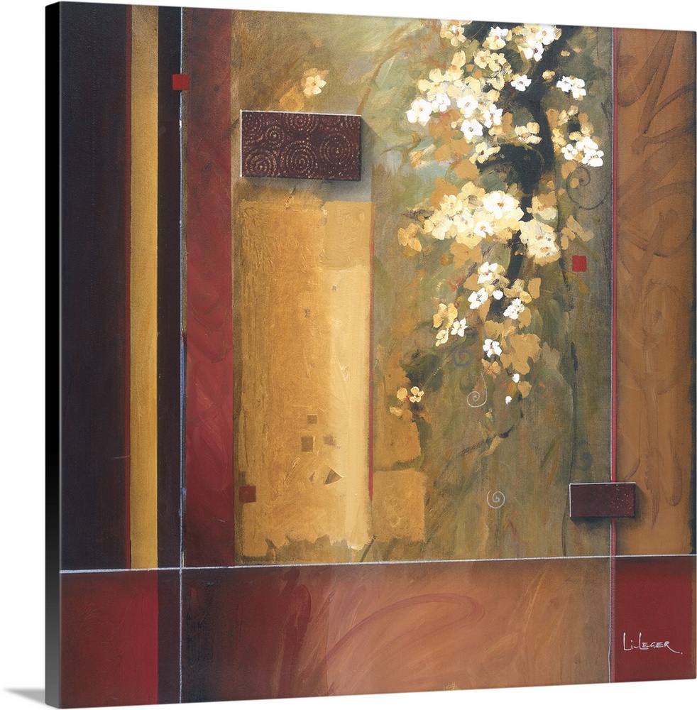 A contemporary painting of white cherry blossoms with a square grid design border.
