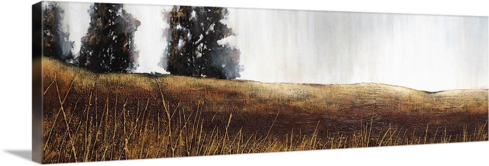 Contemporary panoramic painting of a field of grass in shades of brown with a few trees along the horizon.