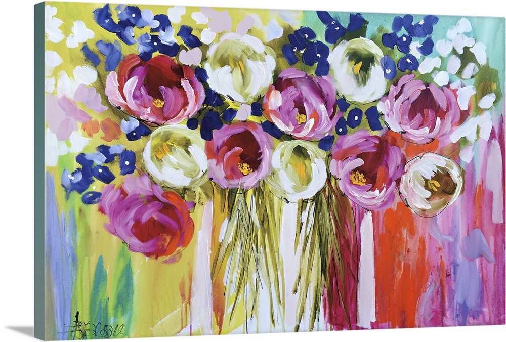 A colorful contemporary painting of a group of flowers on a multi-colored background.