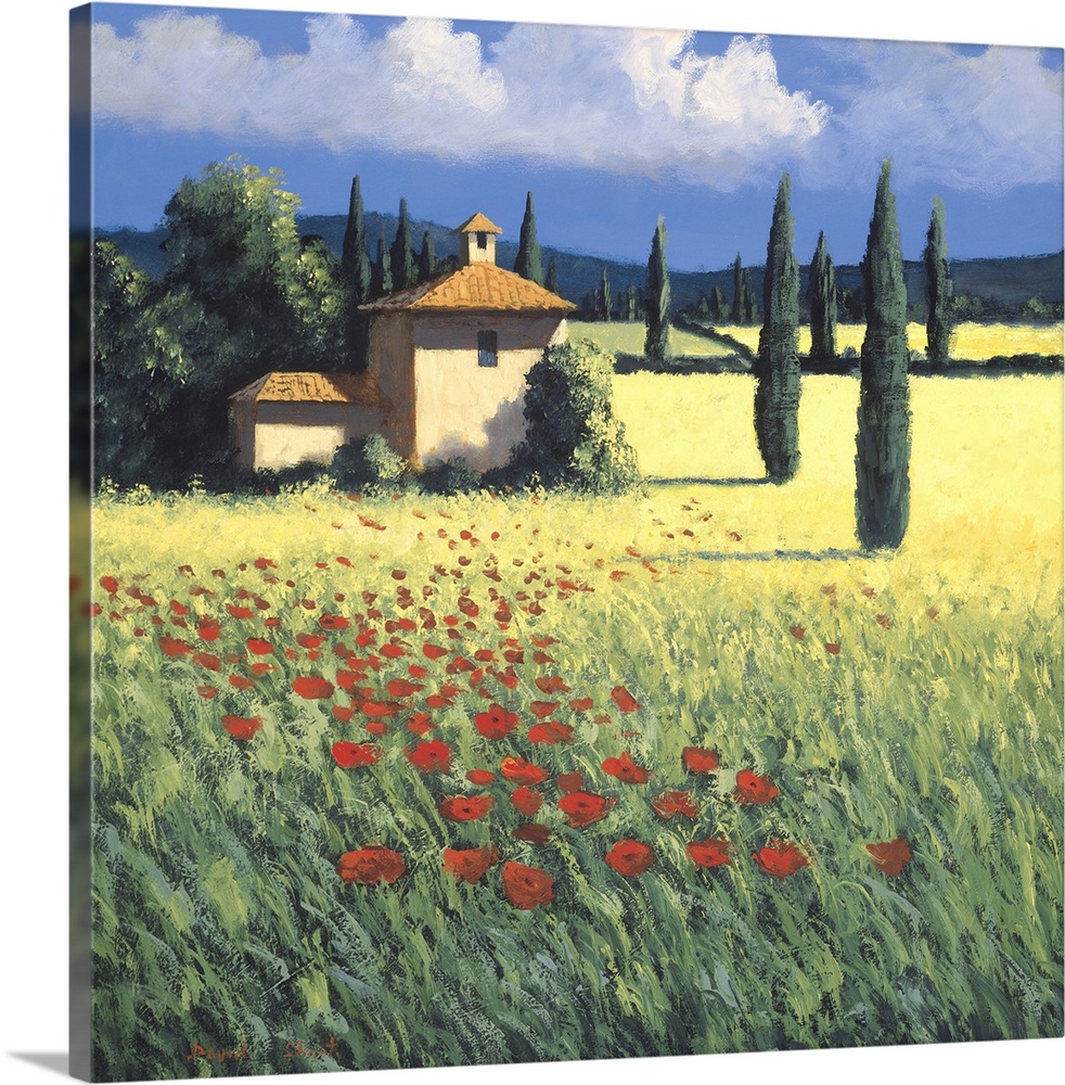 Painting of a field of poppies near a farm house in Tuscany.