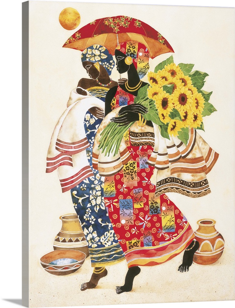 Two African women in beautiful patterned robes holding a bouquet of sunflowers and a parasol.