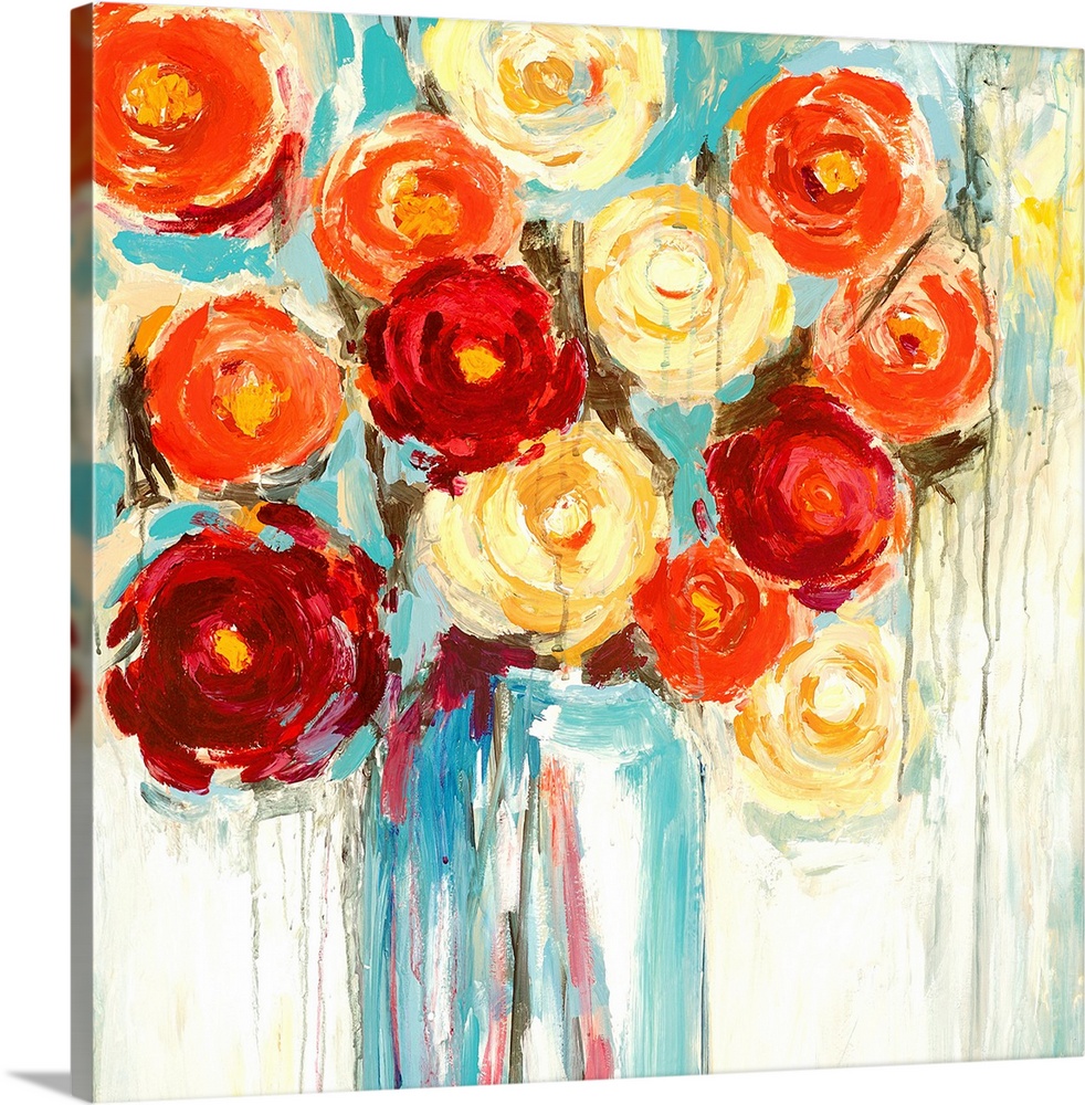 A complementary painting of a large vase of bright orange, red and yellow flowers in textured and dripped paint.
