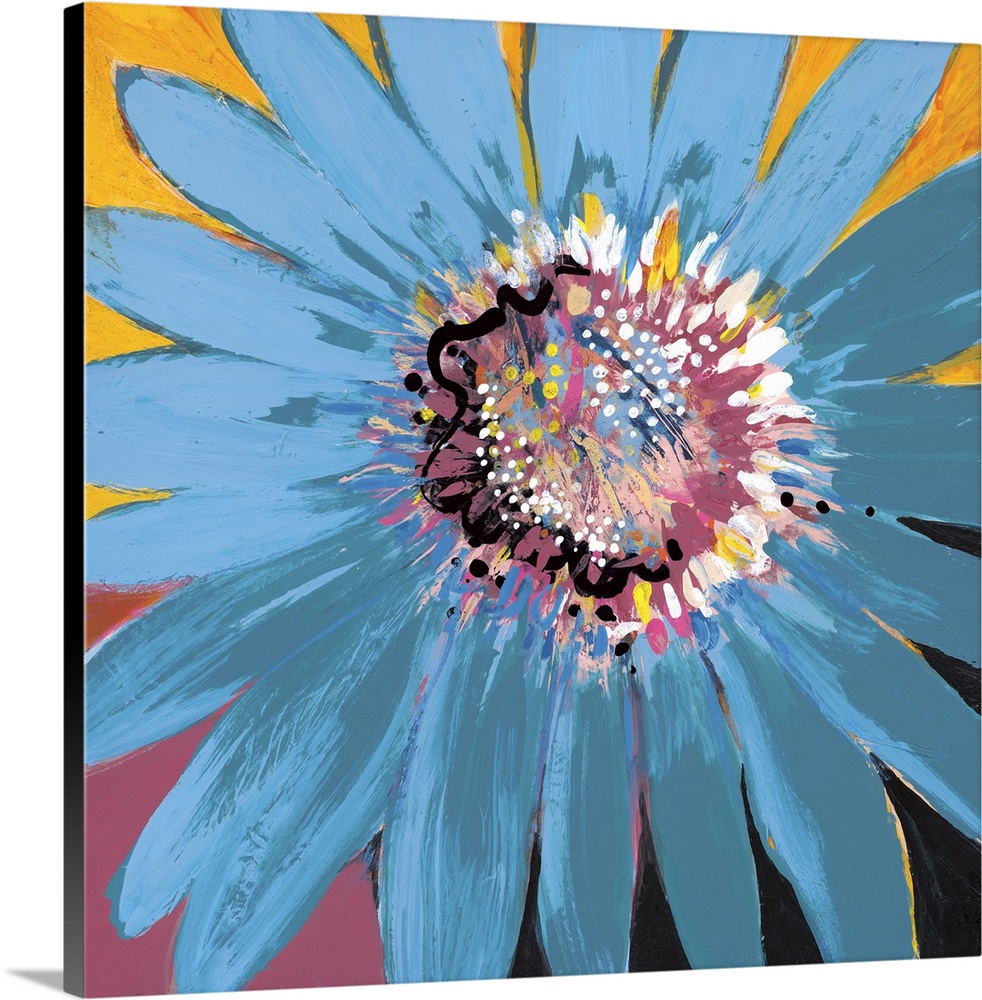 Square contemporary painting of a large blooming flower with textured colors of pink, yellow and blue.