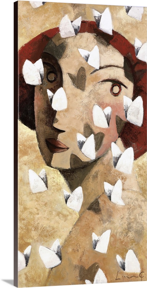 A vertical portrait of a woman looking over her shoulder with white butterflies flying around her, painted in a cubism style.