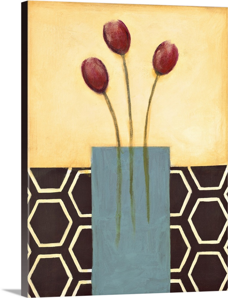 Vertical painting of a vase of red tulips with modern patterned backdrop.