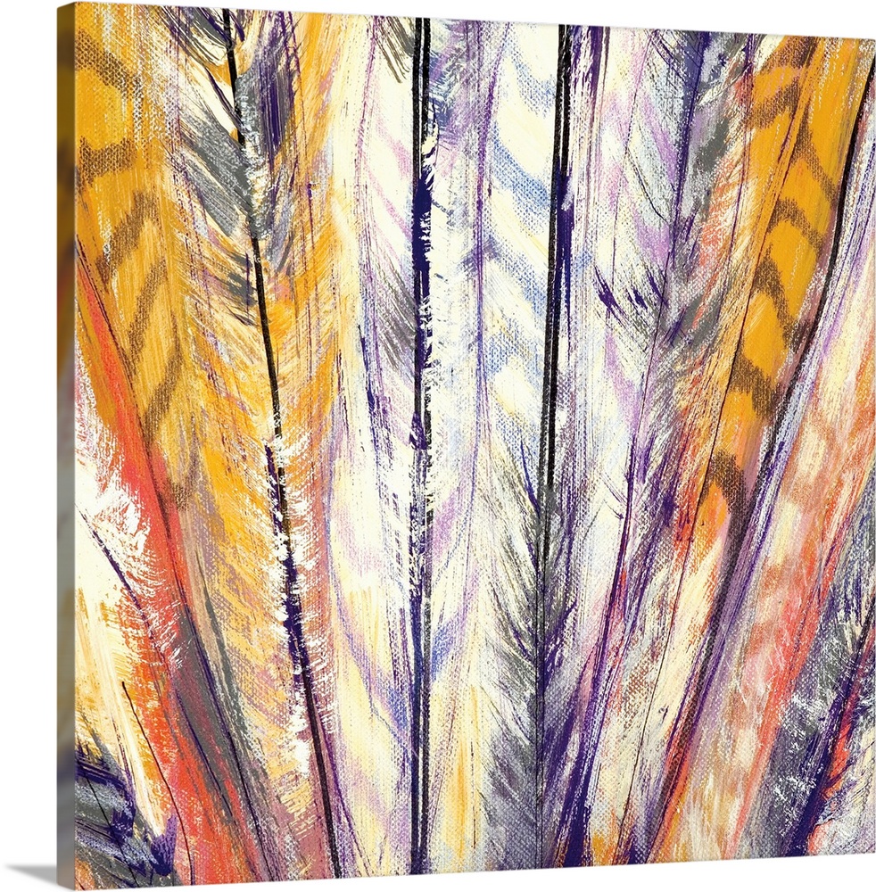 A colorful painting of a bunch of bird feathers.