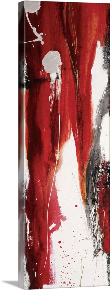 A long vertical abstract in colors of black, red and white with drips of paint and gold accents.