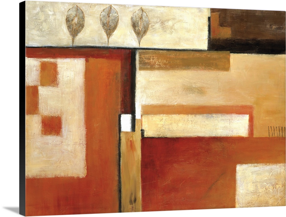 Abstract painting of squared shapes overlapped with a row of leaves, all done in earth tones.
