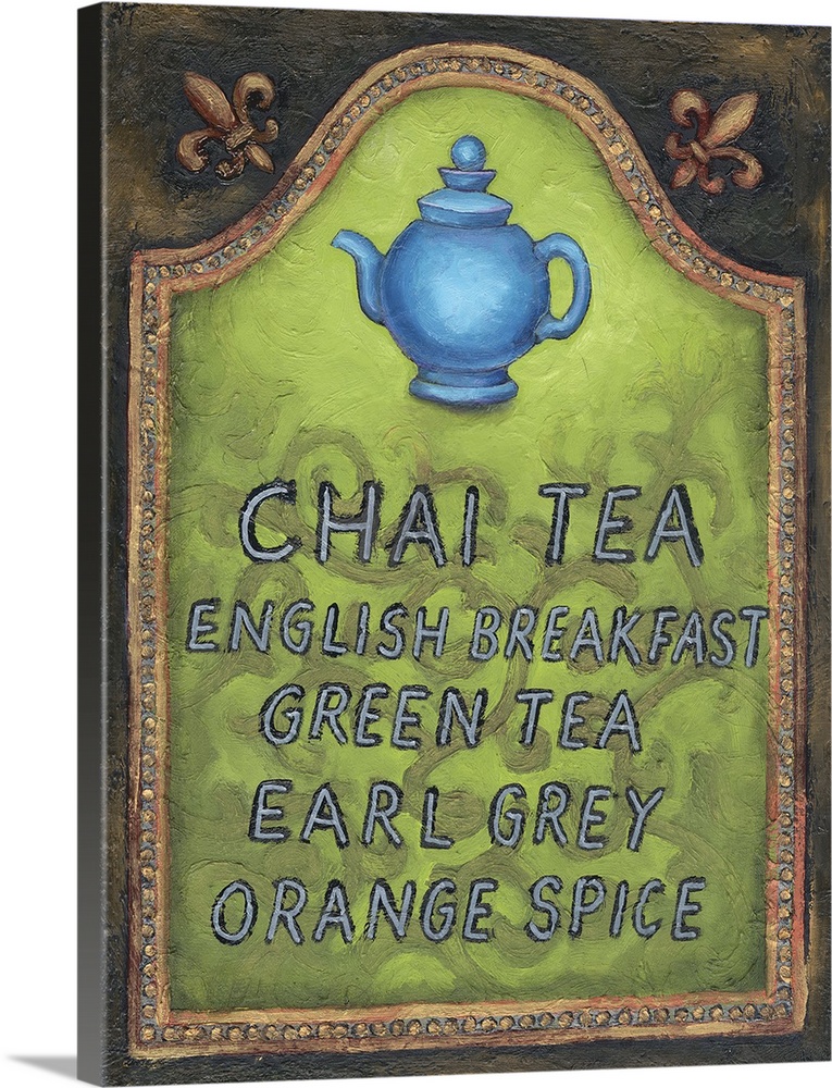 A list of tea options along with teacup against a red background.