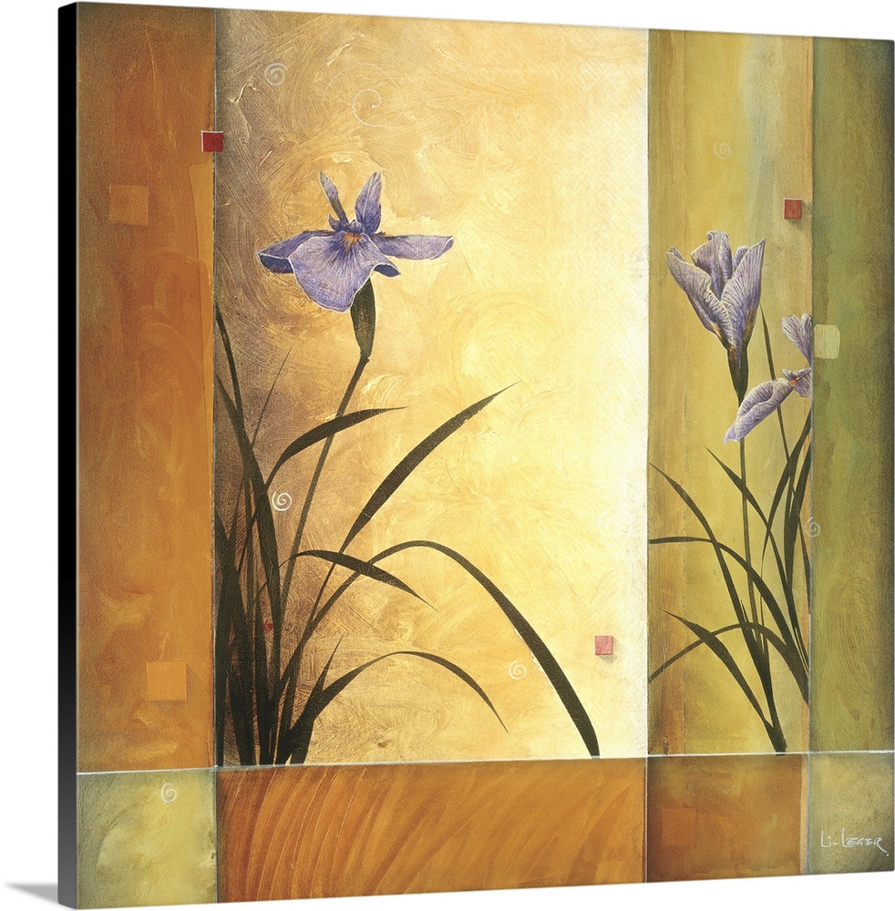 A contemporary painting of purple irises with a square grid design.