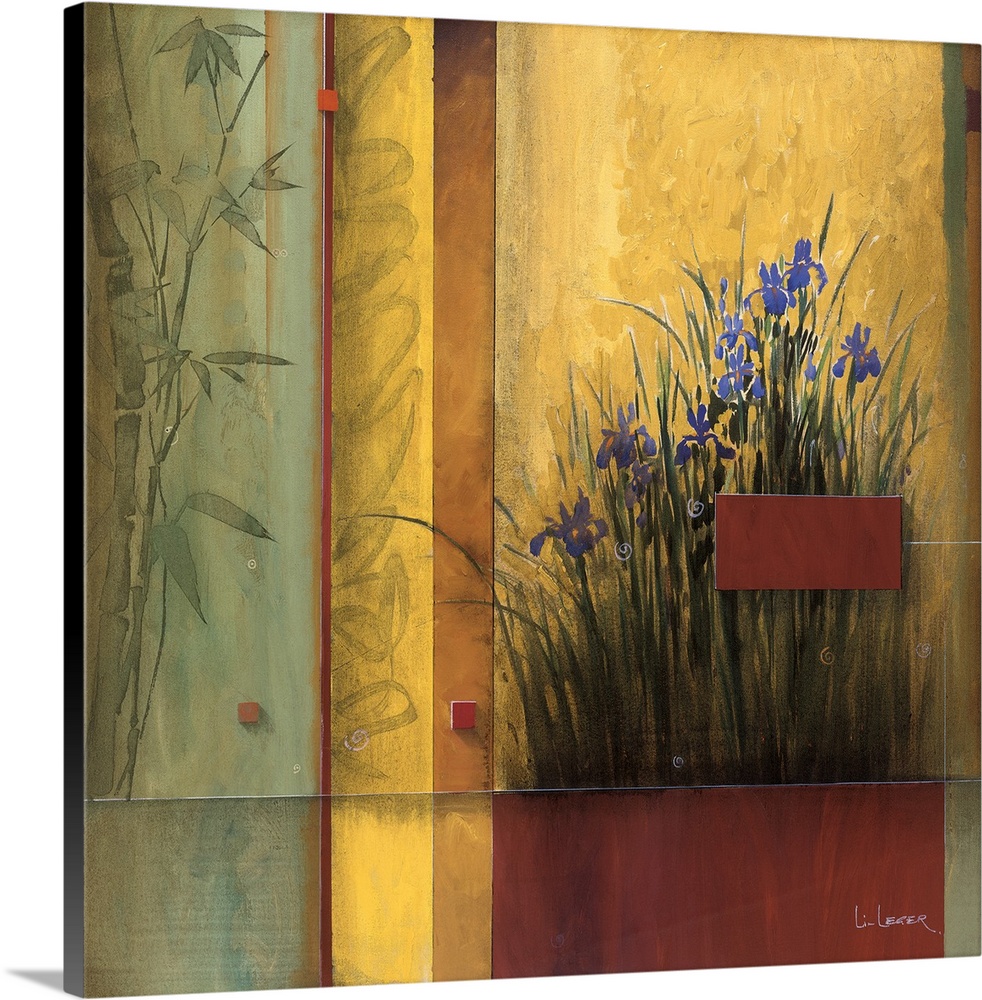 A contemporary Asian theme painting with irises and a square grid design.