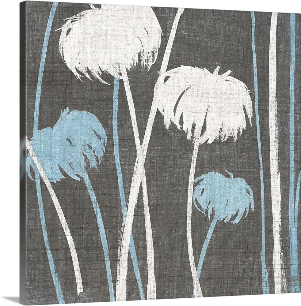 Square contemporary artwork of blue and white flowers against a gray linen style backdrop.