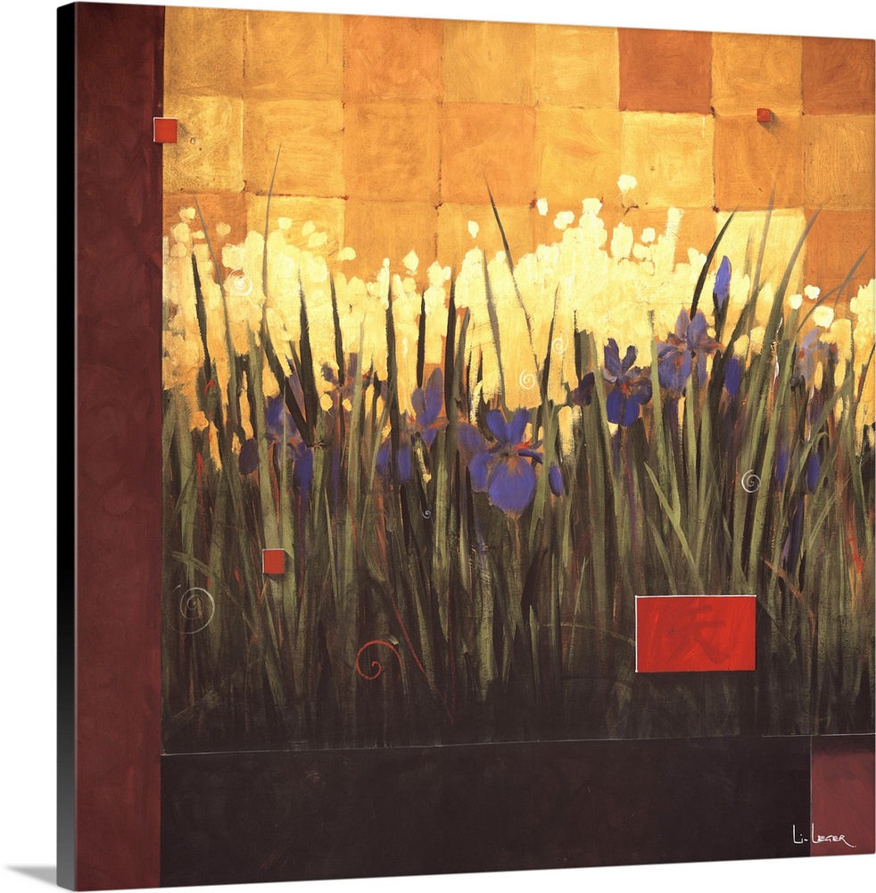 A contemporary painting of a garden of purple irises bordered with a square grid design.