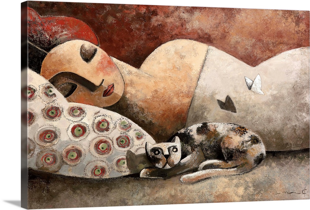 A horizontal portrait of a woman laying in bed with a cat while a butterfly flies above, painted with cubism elements.