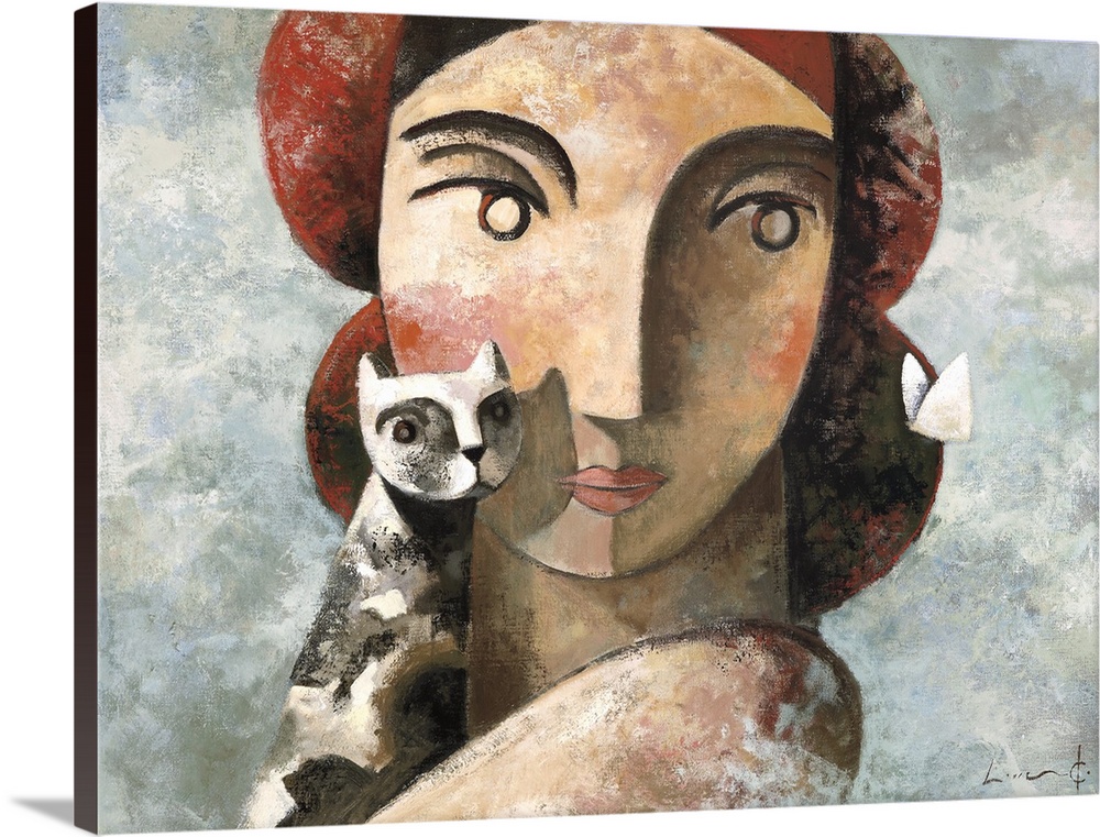 A horizontal portrait of a woman holding a cat while a white butterfly passes by, painted in a cubism style.