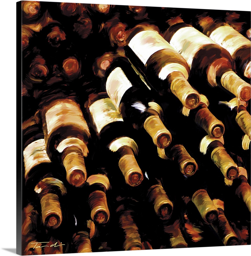 Square contemporary painting of a stack of wine bottles.