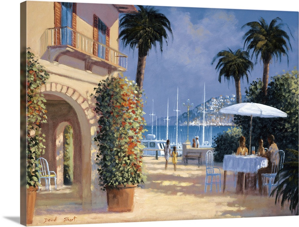 Contemporary artwork of an outdoor bistro in the sun in a seaside town.