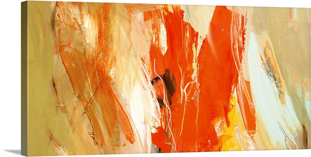 A horizontal abstract painting in vibrant colors of orange, yellow and white.