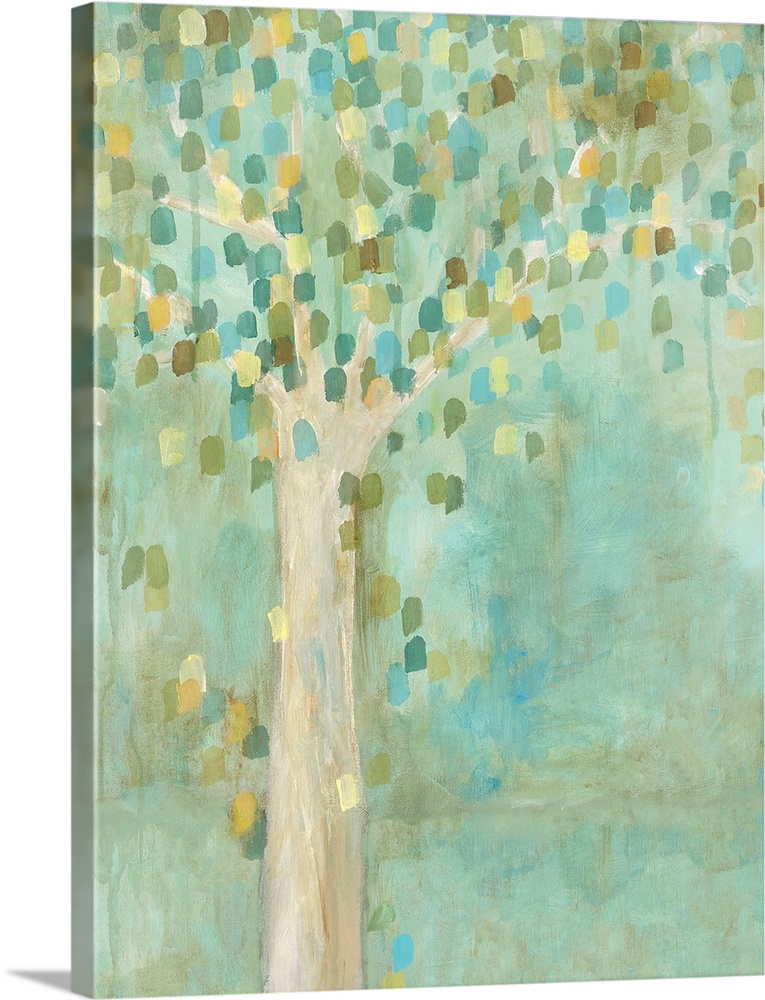 A contemporary painting of a solo tree full of small leaves in different shades of green.