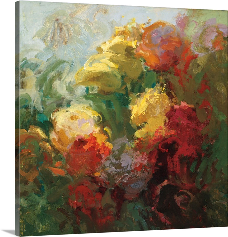 An abstract floral painting in vibrant colors of red, yellow and green.