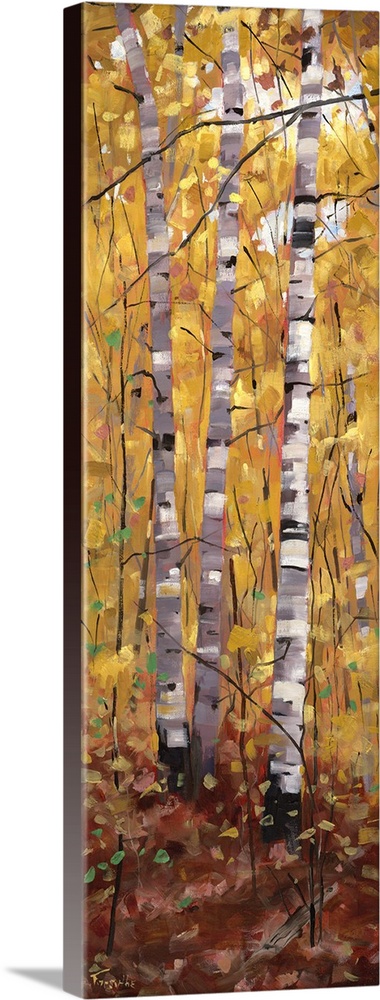 A long vertical painting of trees in the forest in the fall.