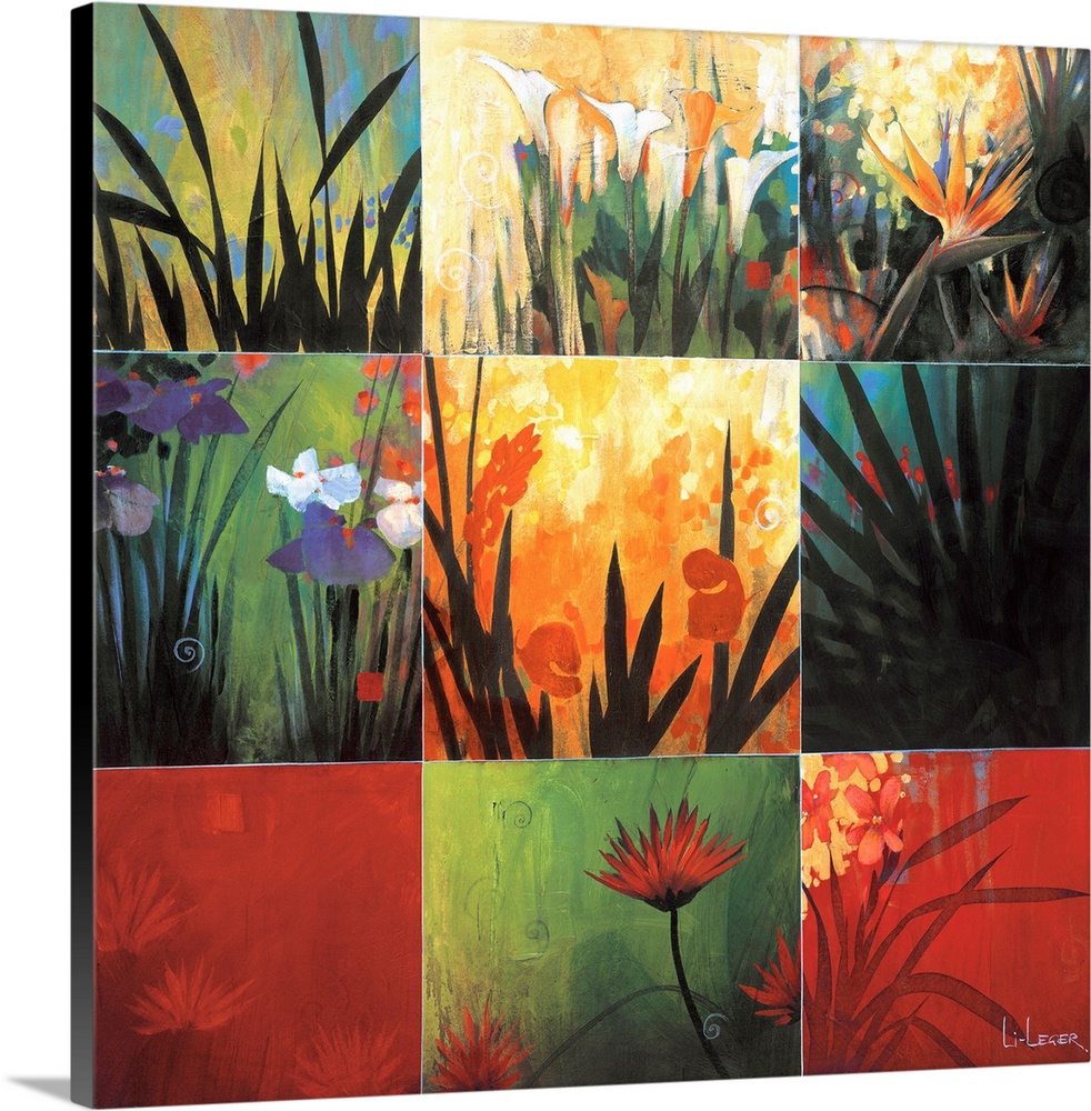 Square painting of nine images of leaves and flowers in different colors and views.