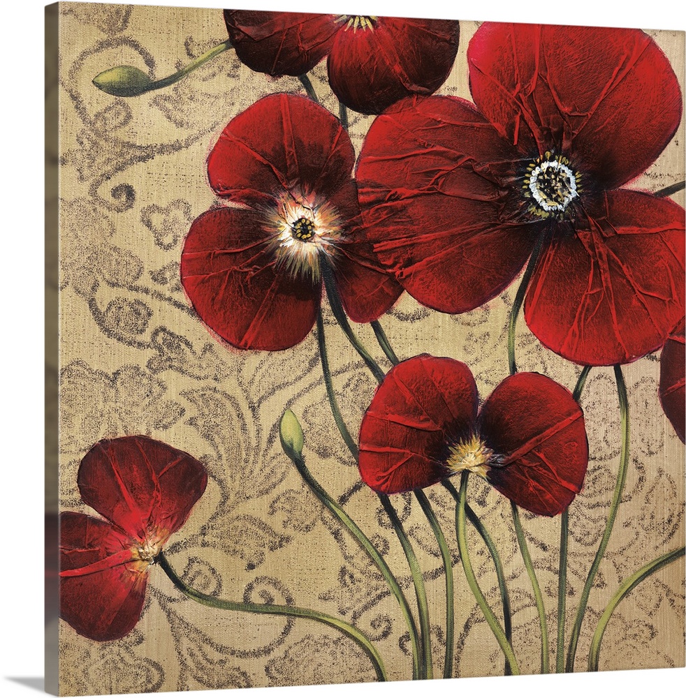 Square painting of a group of red flowers with textured petals against a neutral backdrop with a floral design.
