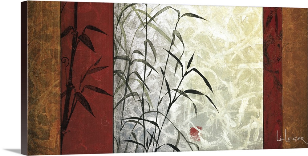 A contemporary painting of bamboo bordered with a paneled design.