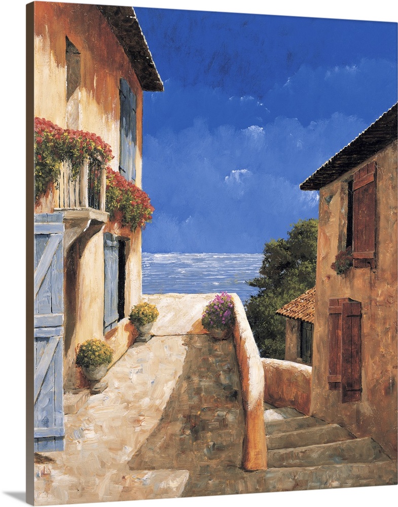 Painting of a rural village with a view of the ocean.