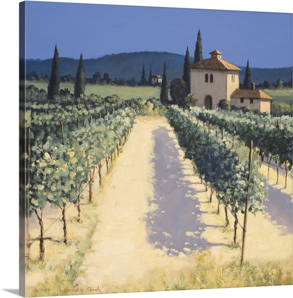 Contemporary artwork of a vineyard in the European countryside.