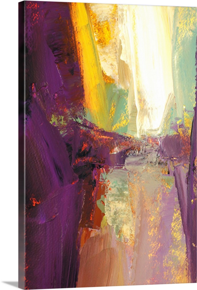 A vertical abstract painting in vibrant colors of purple, yellow and red.