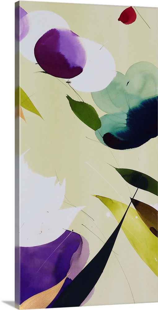 A long vertical painting in a modern design of flowers in purple and green tones.