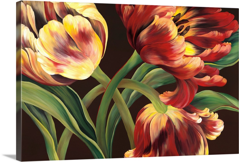 Contemporary painting of a group of red and yellow tulips against a neutral backdrop.