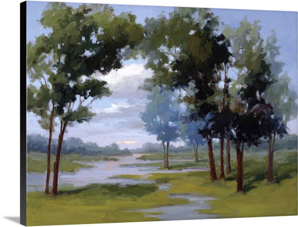 A traditional contemporary landscape of a stream surrounded by trees with white clouds in a blue sky.