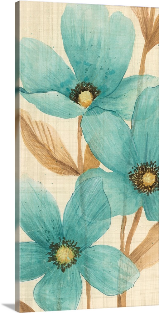 Vertical watercolor painting of a group of blue flowers against a neutral backdrop and light gray brush strokes overlapping.