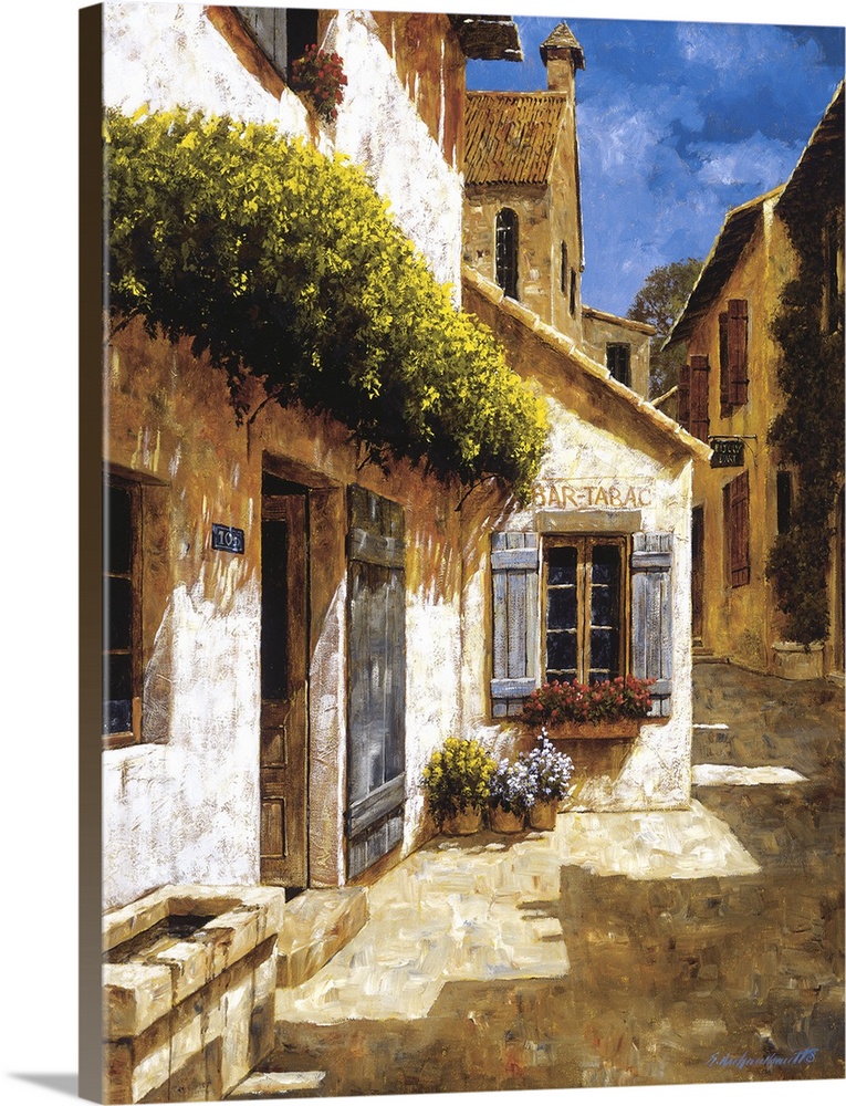 Painting of a window and door in a European village.