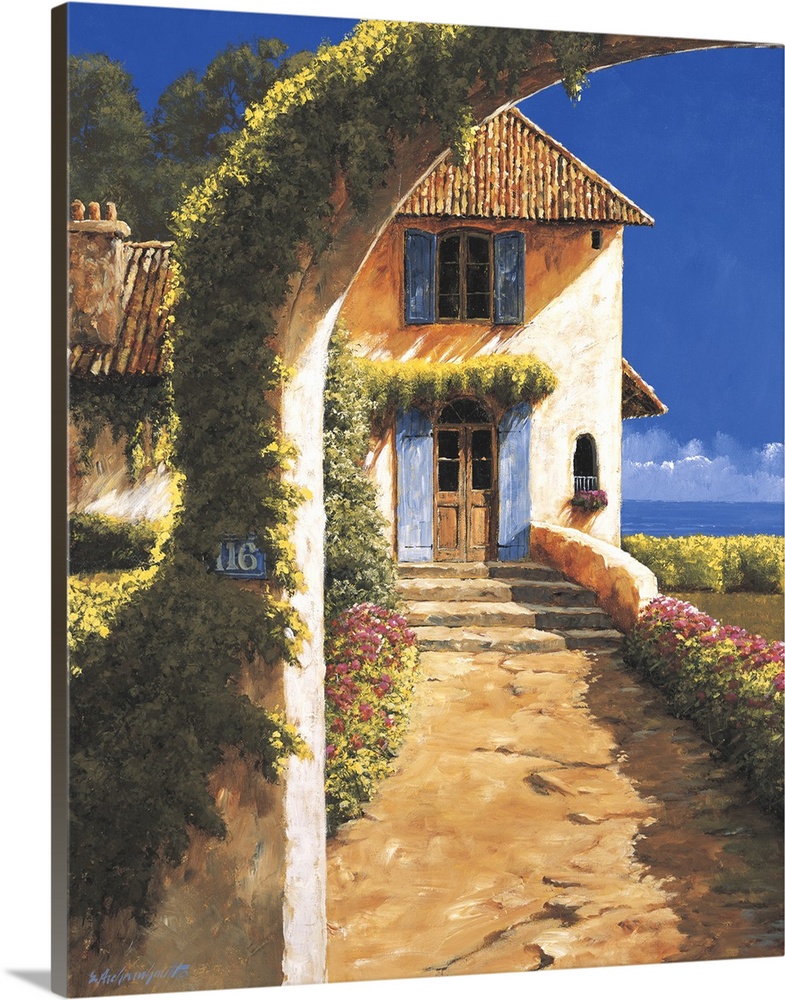 Painting of a house in a rural village with a vine-covered archway.
