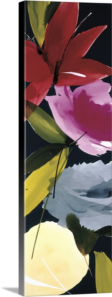 A long vertical painting in a modern design of flowers and leaves on a black backdrop.