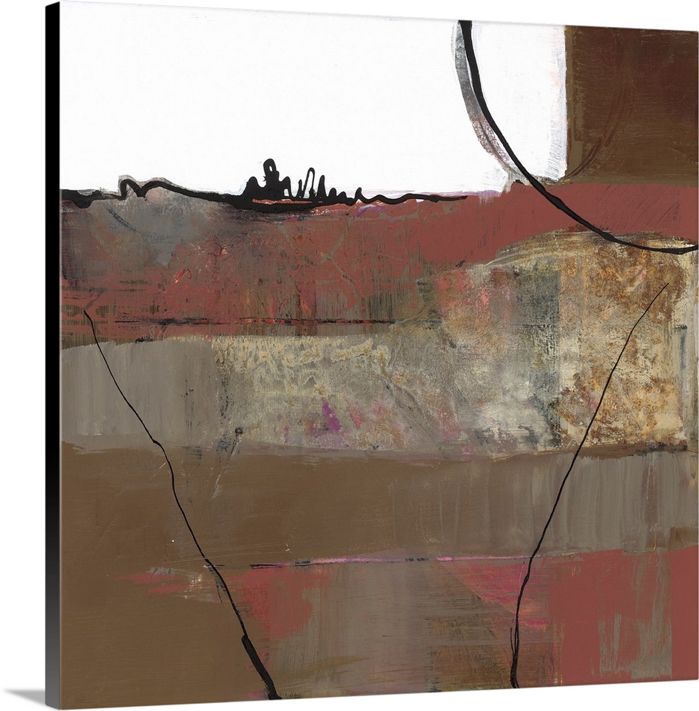 A square abstract painting in neutral tones with fine black lines and textured strokes.